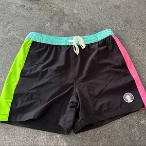 Chubbies Black Swim Trunks with Green and Pink Accents